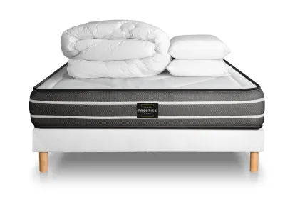 Pack lit complet 200x200 cm - Matelas + Sommier Blanc (en kit) + 2 oreillers + Couette - Exclusive