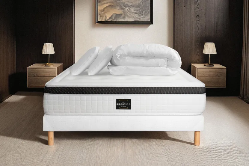 Pack lit complet 160x200 cm - Matelas + Sommier Blanc (en kit) + 2 oreillers + Couette - Privilège