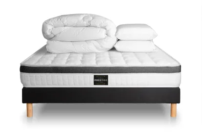 Pack lit complet 140x200 cm - Matelas + Sommier Noir + 2 oreillers + Couette - Supérieur