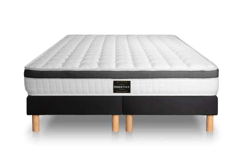 Pack lit complet 160x200 cm - Matelas + 2 Sommiers noirs + 2 oreillers + Couette - Supérieur