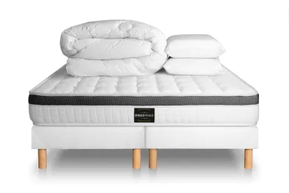 Pack lit complet 200x200 cm - Matelas + 2 Sommiers Blancs + 2 oreillers + Couette - Supérieur