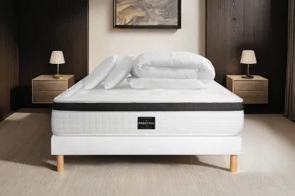 Pack lit complet 140x190 cm - Matelas + Sommier Blanc + 2 oreillers + Couette - Privilège