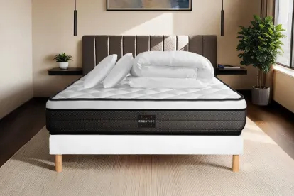 Pack lit complet 200x200 cm - Matelas + Sommier Blanc (en kit) + 2 oreillers + Couette - Suite