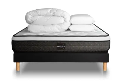 Pack lit complet 200x200 cm - Matelas + Sommier Noir (en kit) + 2 oreillers + Couette - Suite