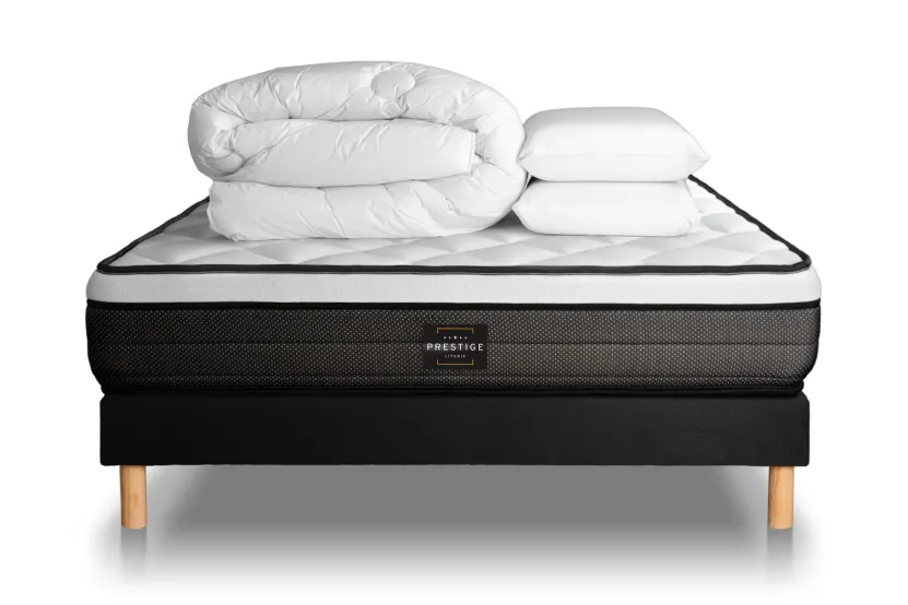 Pack lit complet 200x200 cm - Matelas + Sommier Noir (en kit) + 2 oreillers + Couette - Suite