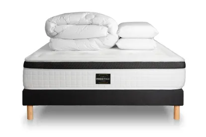 Pack lit complet 160x200 cm - Matelas + Sommier Noir (en kit) + 2 oreillers + Couette - Privilège