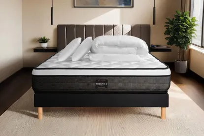 Pack lit complet 160x200 cm - Matelas + Sommier Noir + 2 oreillers + Couette - Suite