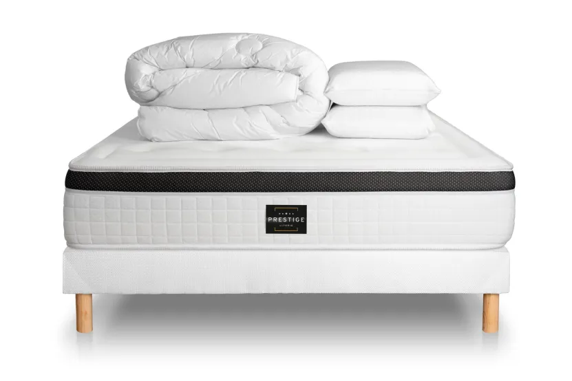 Pack lit complet 160x200 cm - Matelas + Sommier Blanc (en kit) + 2 oreillers + Couette - Privilège
