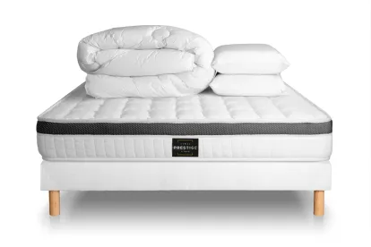 Pack lit complet 200x200 cm - Matelas + Sommier Blanc (en kit) + 2 oreillers + Couette - Supérieur