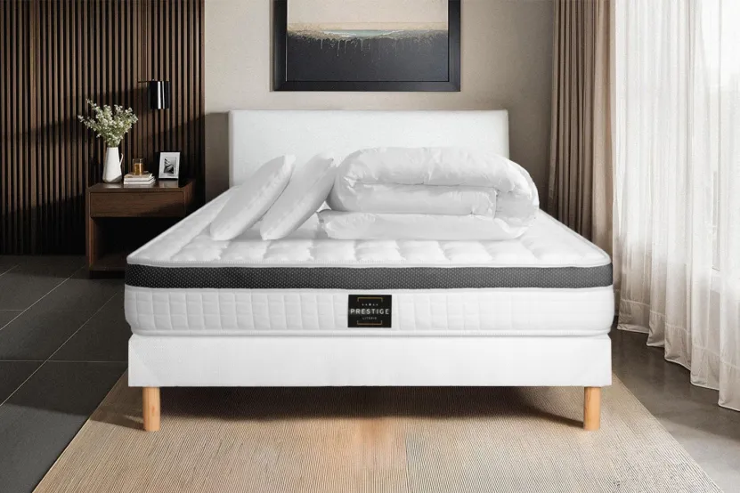 Pack lit complet 140x190 cm - Matelas + Sommier Blanc (en kit) + 2 oreillers + Couette - Supérieur