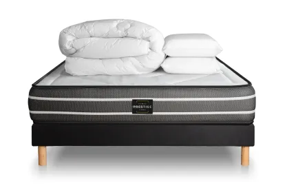 Pack lit complet 140x190 cm - Matelas + Sommier Noir (en kit) + 2 oreillers + Couette - Exclusive