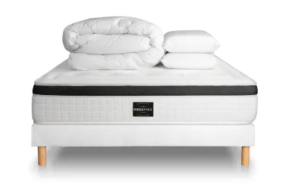 Pack lit complet 200x200 cm - Matelas + Sommier Blanc (en kit) + 2 oreillers + Couette - Privilège