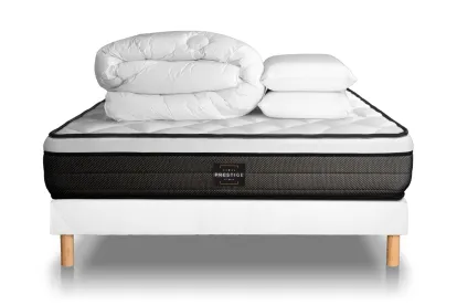 Pack lit complet 160x200 cm - Matelas + Sommier Blanc (en kit) + 2 oreillers + Couette - Suite