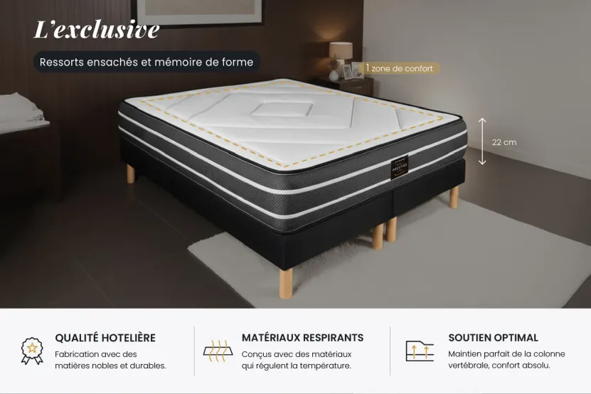 Pack lit complet 160x200 cm - Matelas + 2 Sommiers Blancs + 2 oreillers + Couette - Exclusive
