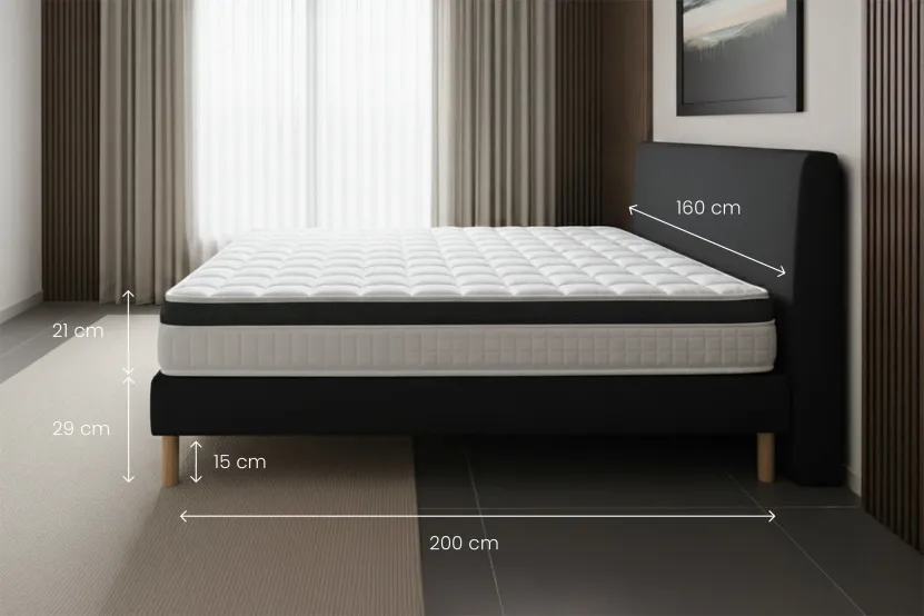 Ensemble Matelas Sommier 160x200 cm - Sommier Noir (déjà monté) - Supérieur